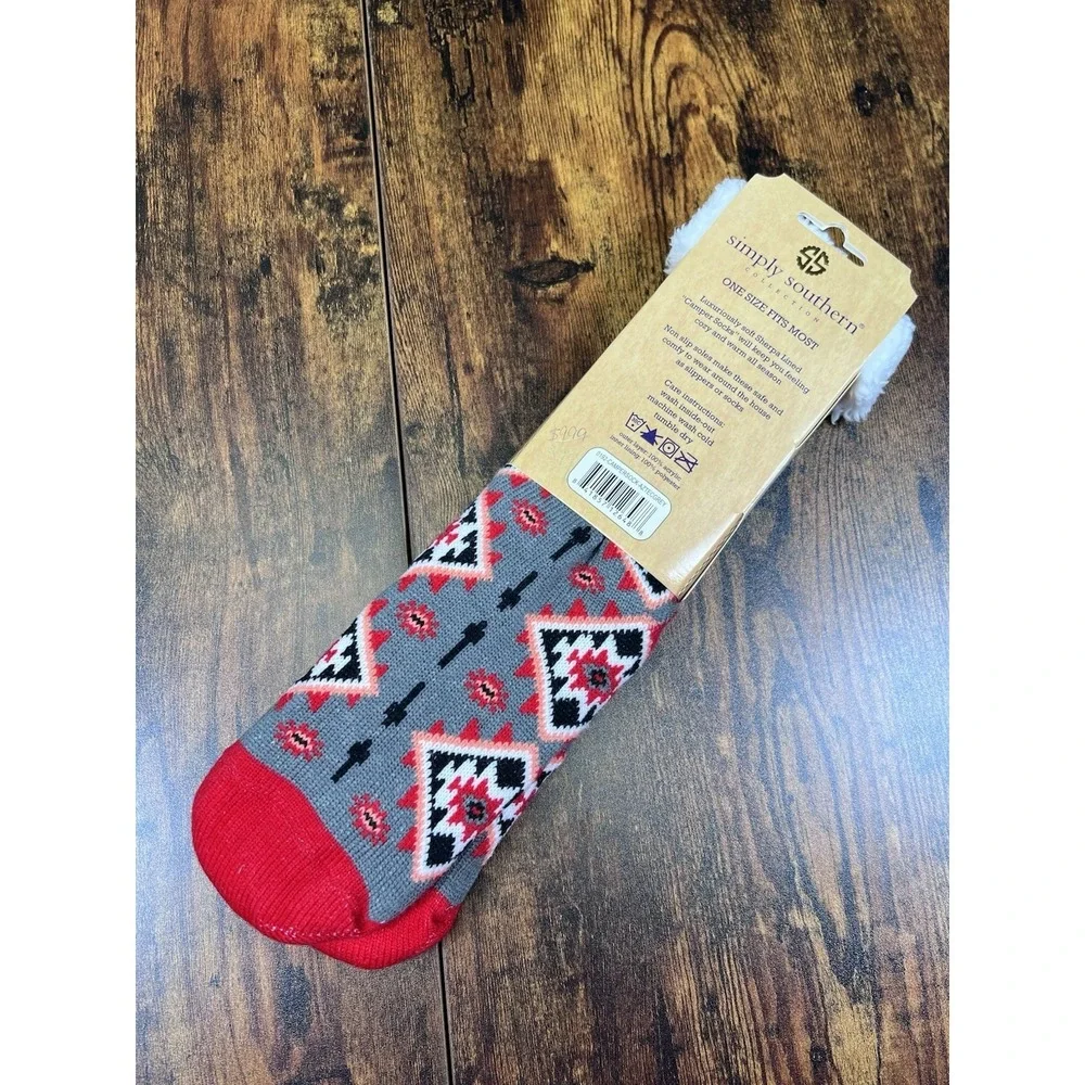Camper Socks by Simply Southern Knit Sherpa Lined One Size‎ Fits Most Red Gray